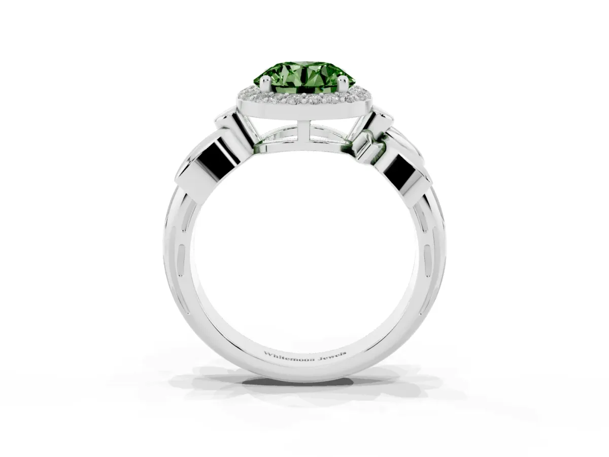 Fancy Green Round Cut Halo Diamond Floral Band with Four-Prong Setting Platinum