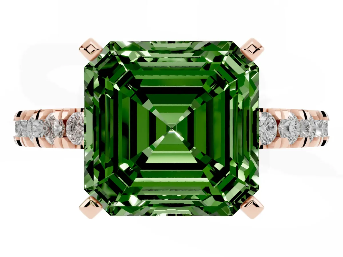 Fancy Green Asscher Cut Diamond Pavé Band Solitaire with Four-Prong Setting Rose gold