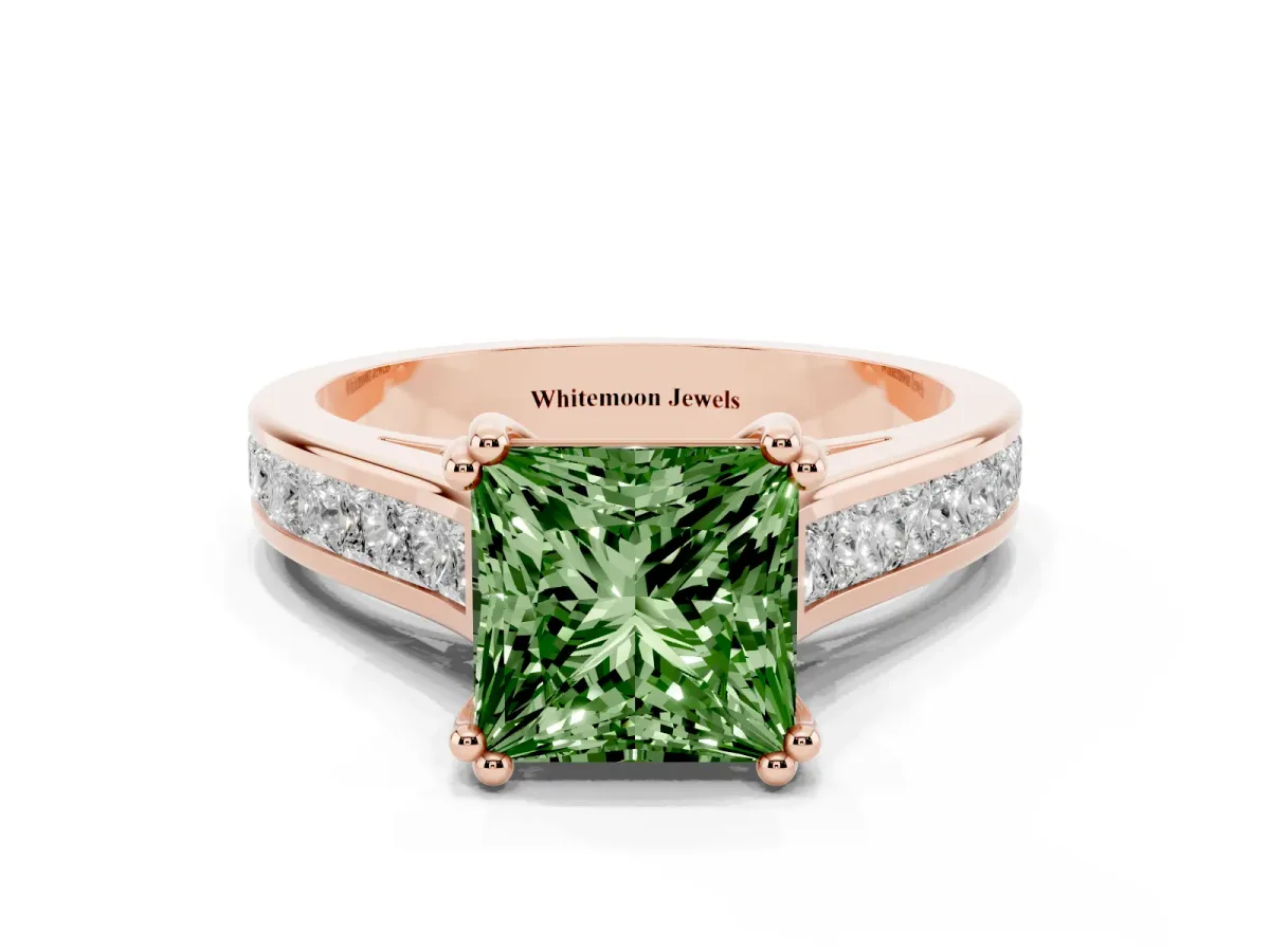 Fancy Green Princess Cut Cut Channel Set Solitaire Engagement Ring with Prong Setting Rose gold