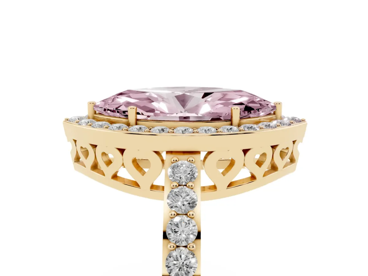 Fancy Pink Marquise Cut Halo Diamond Pavé Band Ring with Prong Setting Yellow gold