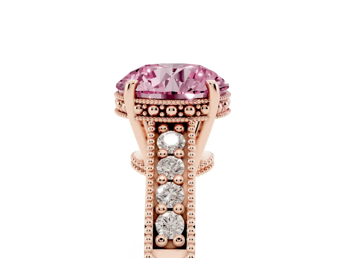 Fancy Pink Round Cut Solitaire Pavé Diamond Milgrain Engagement Ring with Four-Prong Setting Rose gold
