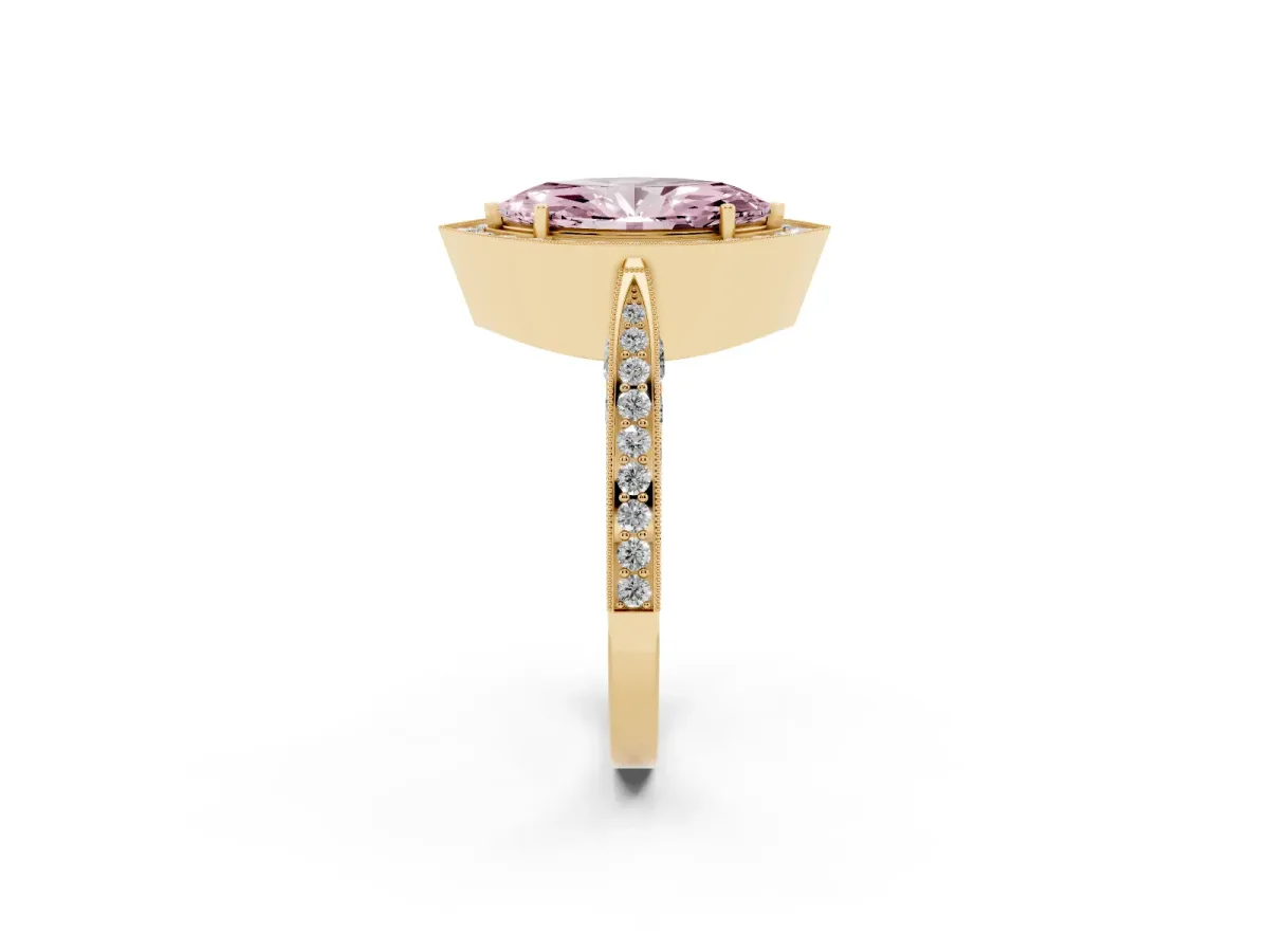 Fancy Pink Marquise Cut Halo Diamond Engagement Ring with Split Shank Band and Four-Prong Setting Yellow gold