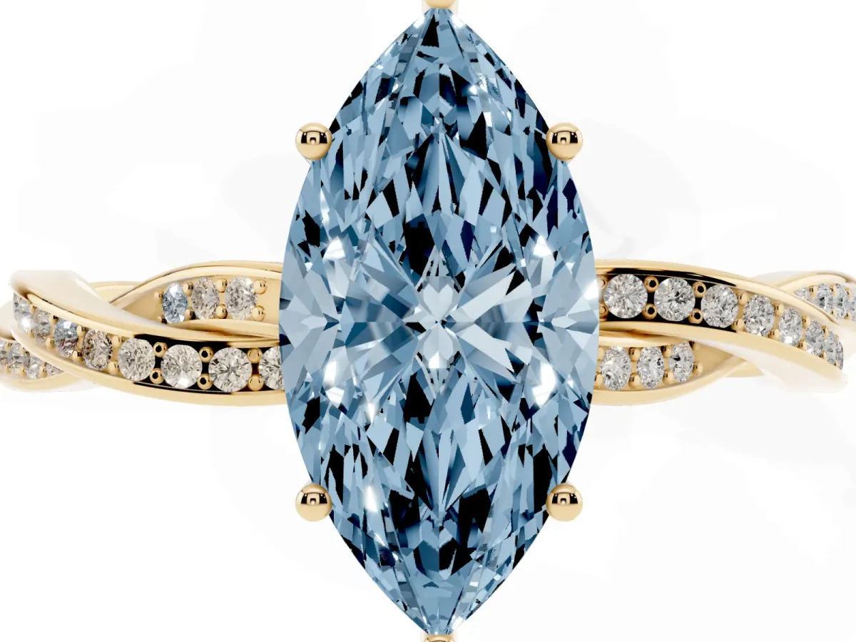 Fancy Blue Marquise Cut Solitaire Twisted Pave Diamond Ring with Four-Prong Setting Yellow gold