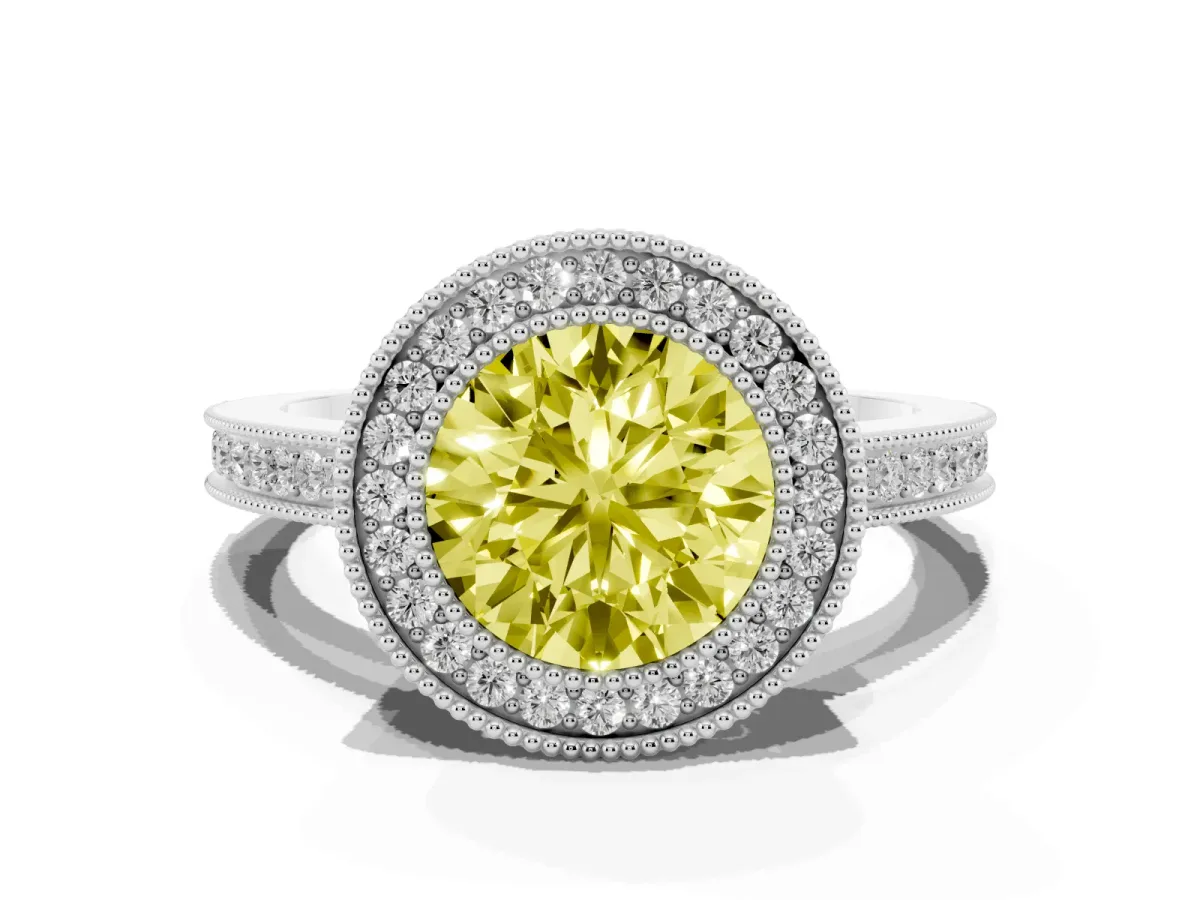 Fancy Yellow Round Cut Cut Halo Diamond Ring with Pavé Band and Milgrain Prong Setting White gold
