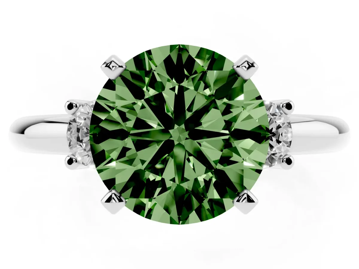Fancy Green Three-Stone Round Cut Cut Diamond Solitaire with Prong Setting and Classic Band Silver