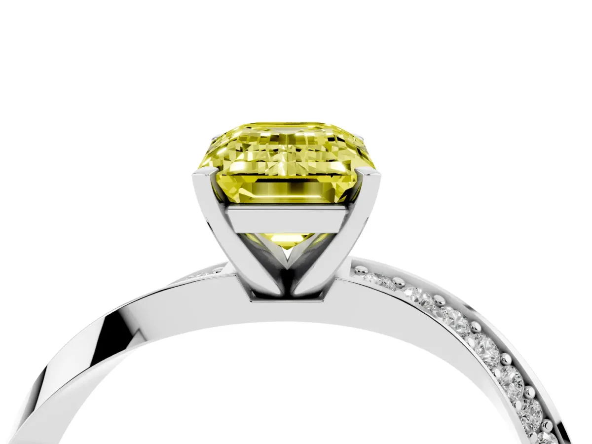 Fancy Yellow Emerald Cut Diamond Engagement Ring with Side Stone Accents and Four-Prong Setting Silver