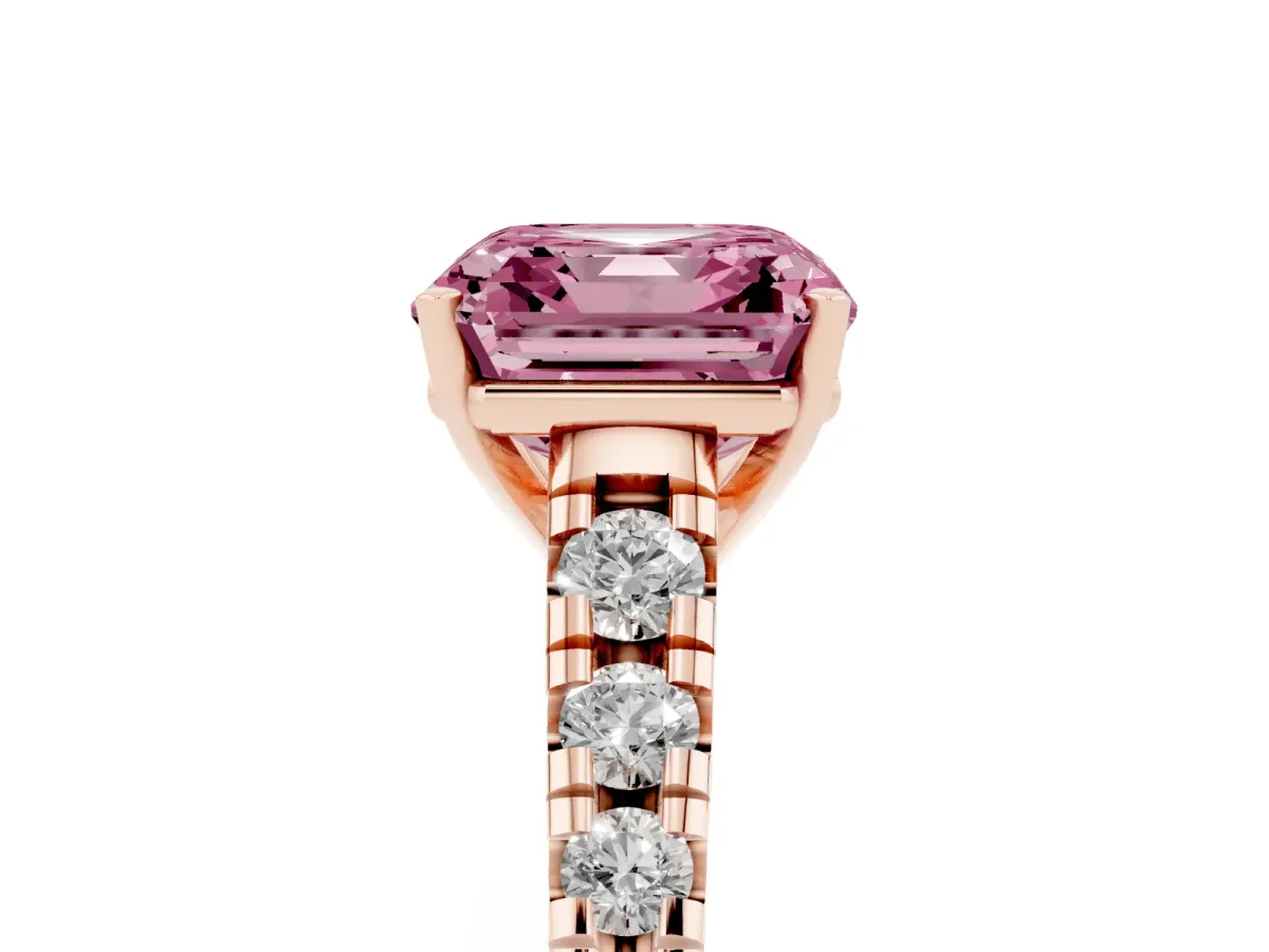 Fancy Pink Asscher Cut Diamond Cathedral Solitaire Ring with Round Pavé Band Rose gold