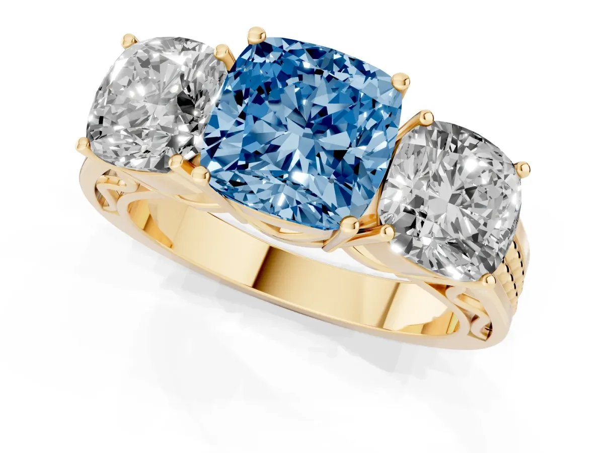 Fancy Blue Cushion Cut Diamond Three-Stone Ring with Prong Setting and Textured Band Yellow gold
