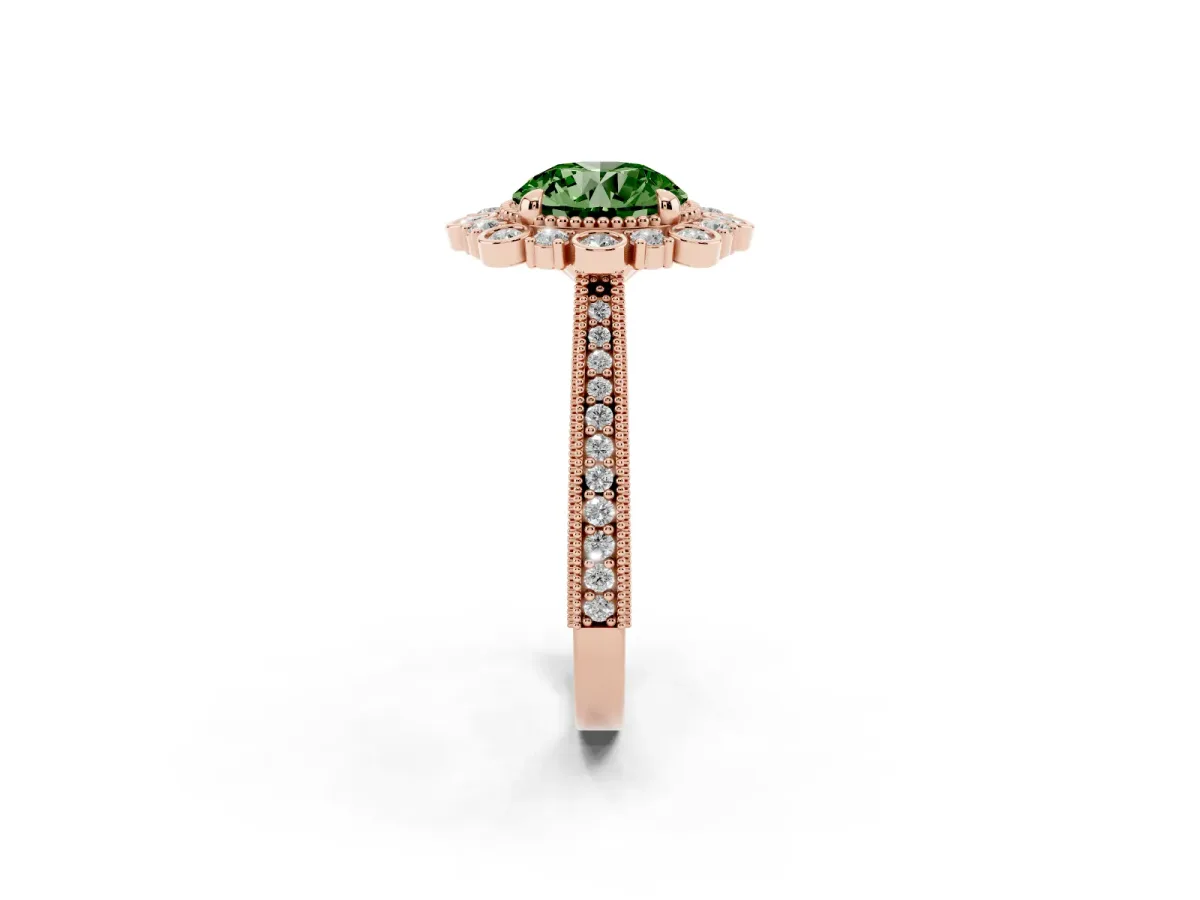 Fancy Green Round Cut Halo Milgrain Pave Diamond Ring with Four-Prong Setting Rose gold