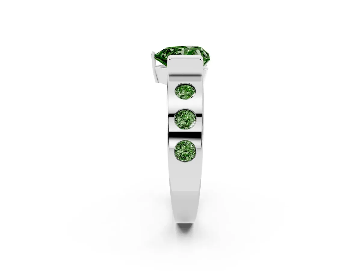 Fancy Green Heart Cut Brilliant Channel-Set Diamond Ring with Bezel Prong Setting Silver