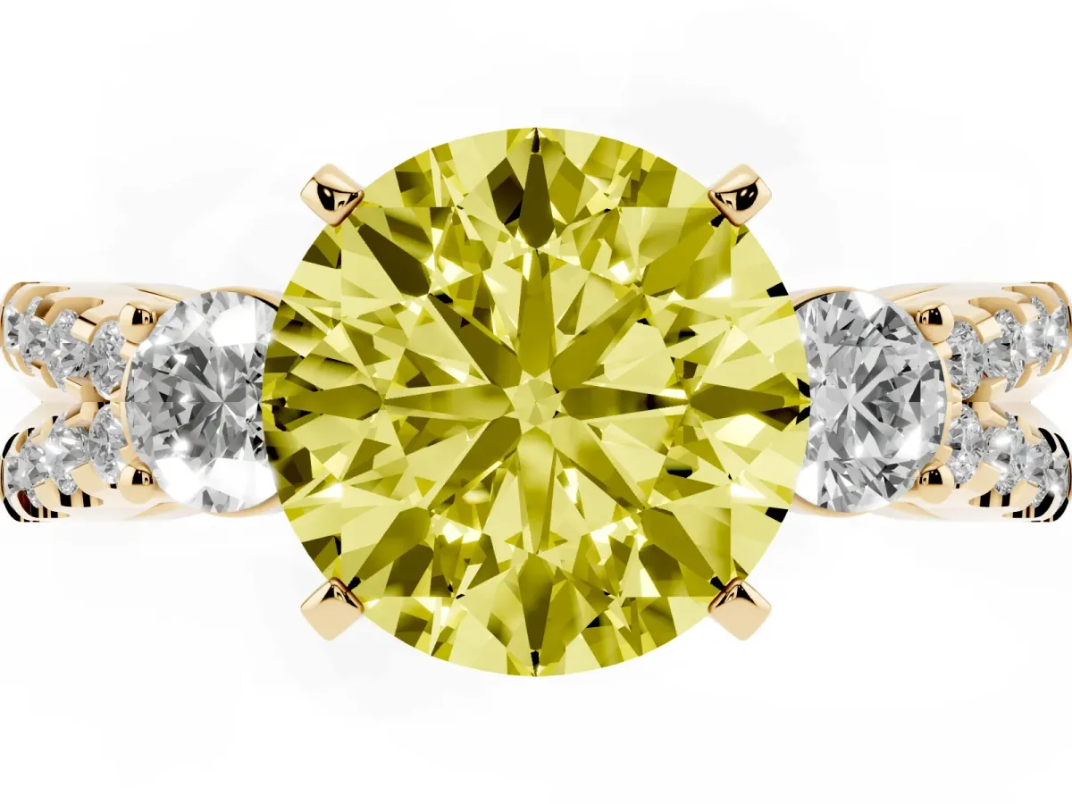 Fancy Yellow Round Cut Diamond Three-Stone Ring with Pavé Split Shank and Four-Prong Setting Yellow gold