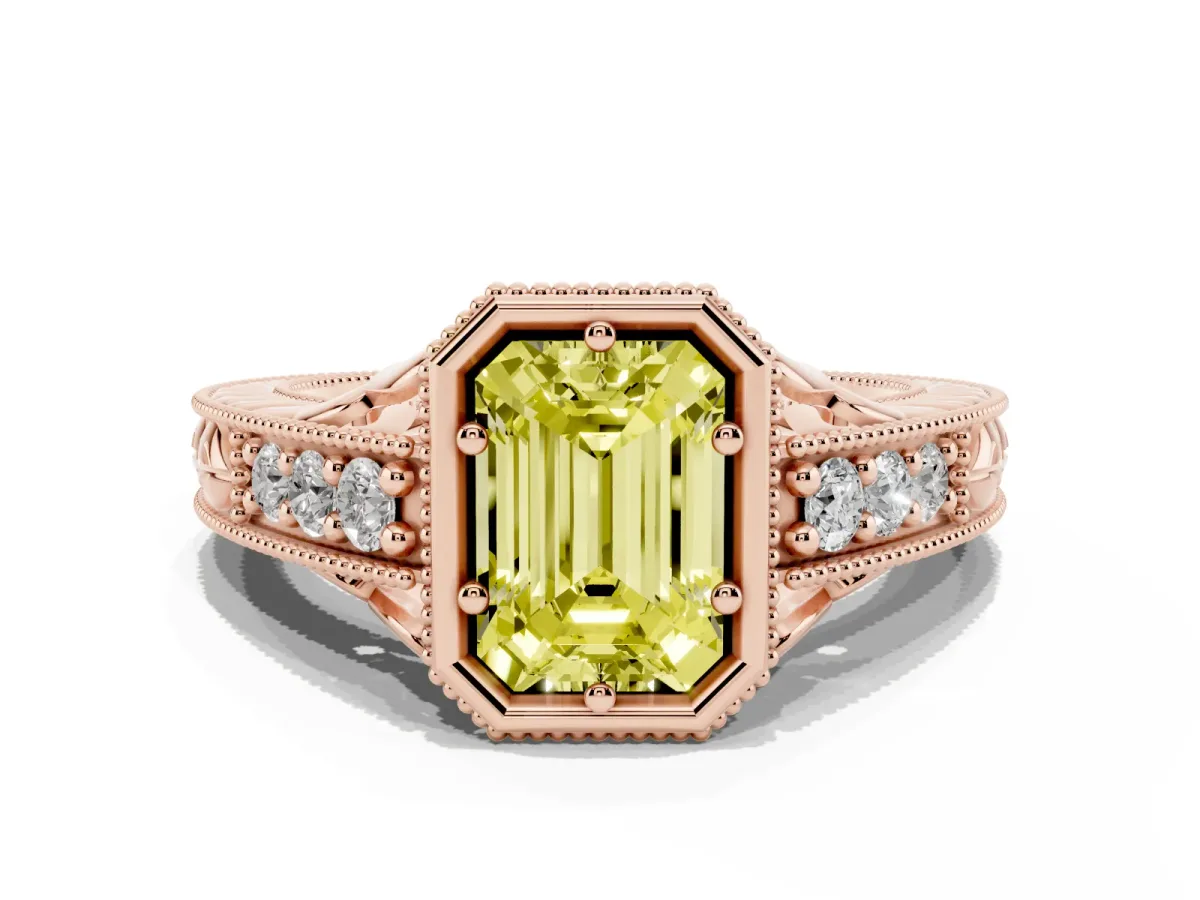 Fancy Yellow Bezel Set Emerald Cut Diamond Milgrain Pave Engagement Ring Rose gold