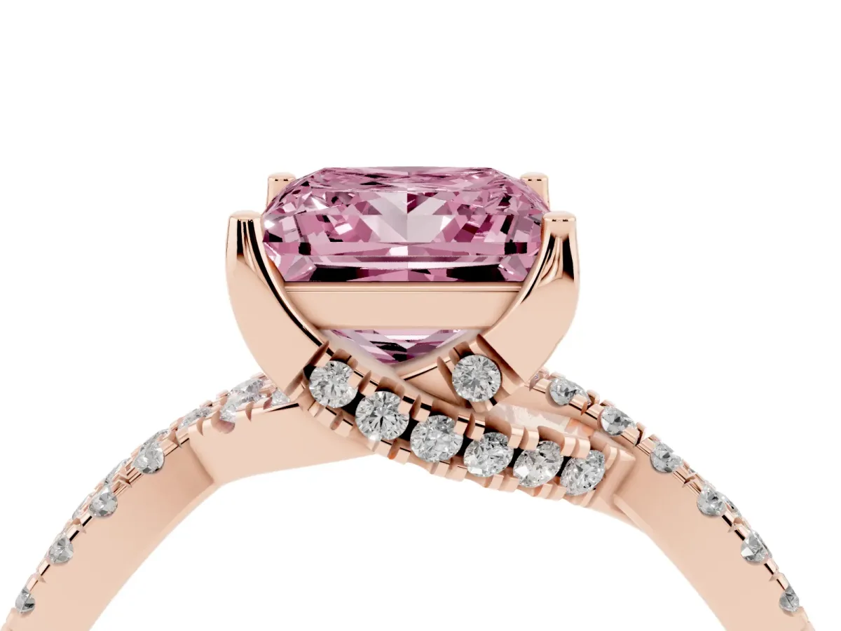 Fancy Pink Princess Cut Solitaire Twist Pave Diamond Engagement Ring with Prong Setting Rose gold