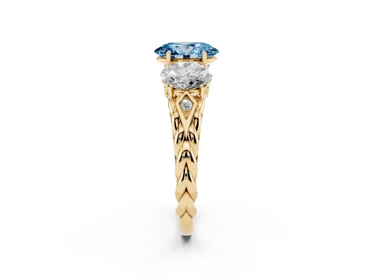 Fancy Blue Three-Stone Oval Cut Diamond Braided Band Ring with Four-Prong Setting Yellow gold