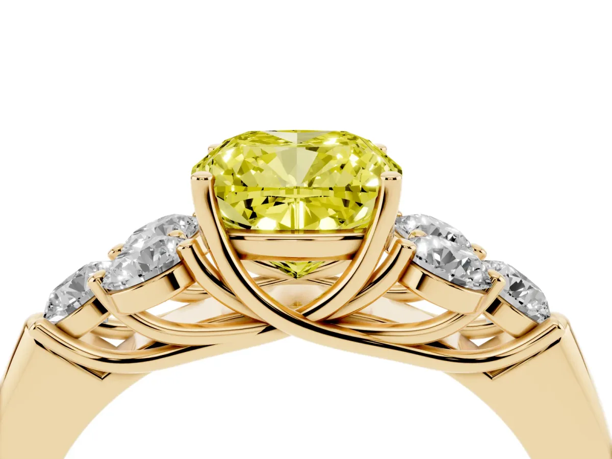 Fancy Yellow Cushion Cut Cut Diamond Cluster Ring with Round Accent Stones and Prong Setting on a Classic Band Yellow gold
