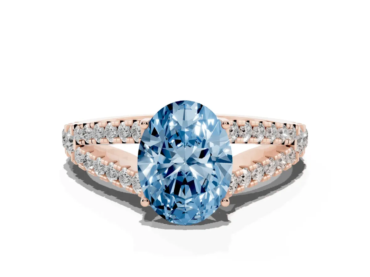 Fancy Blue Oval Cut Diamond Split Shank Pavé Engagement Ring with Four-Prong Setting Rose gold