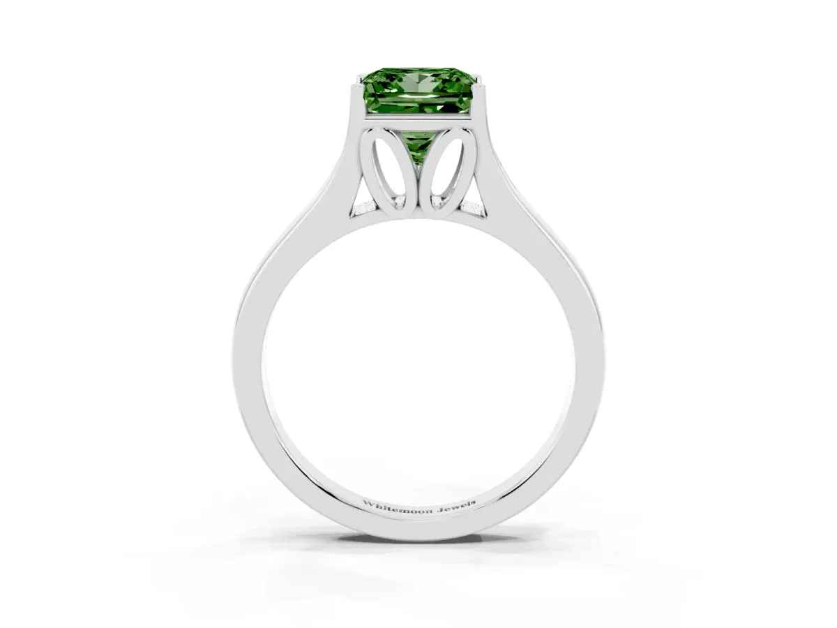 Fancy Green Princess Cut Solitaire Diamond Ring with Cathedral Band and Four-Prong Setting Silver