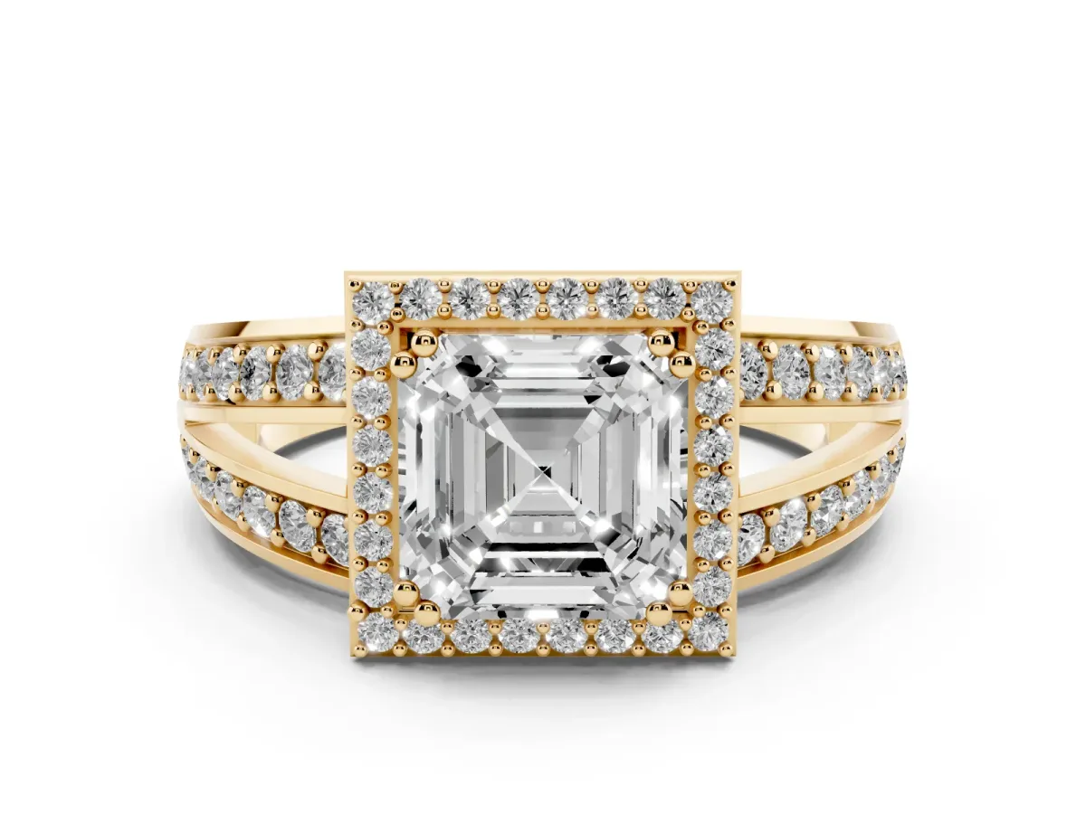 Asscher Cut Diamond Halo Ring with Split Shank Pavé Band and Four-Prong Setting Yellow gold