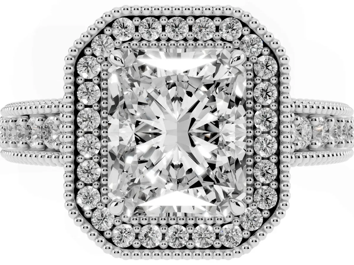 Radiant Cut Cut Halo Diamond Ring with Pavé Band and Four-Prong Setting Silver