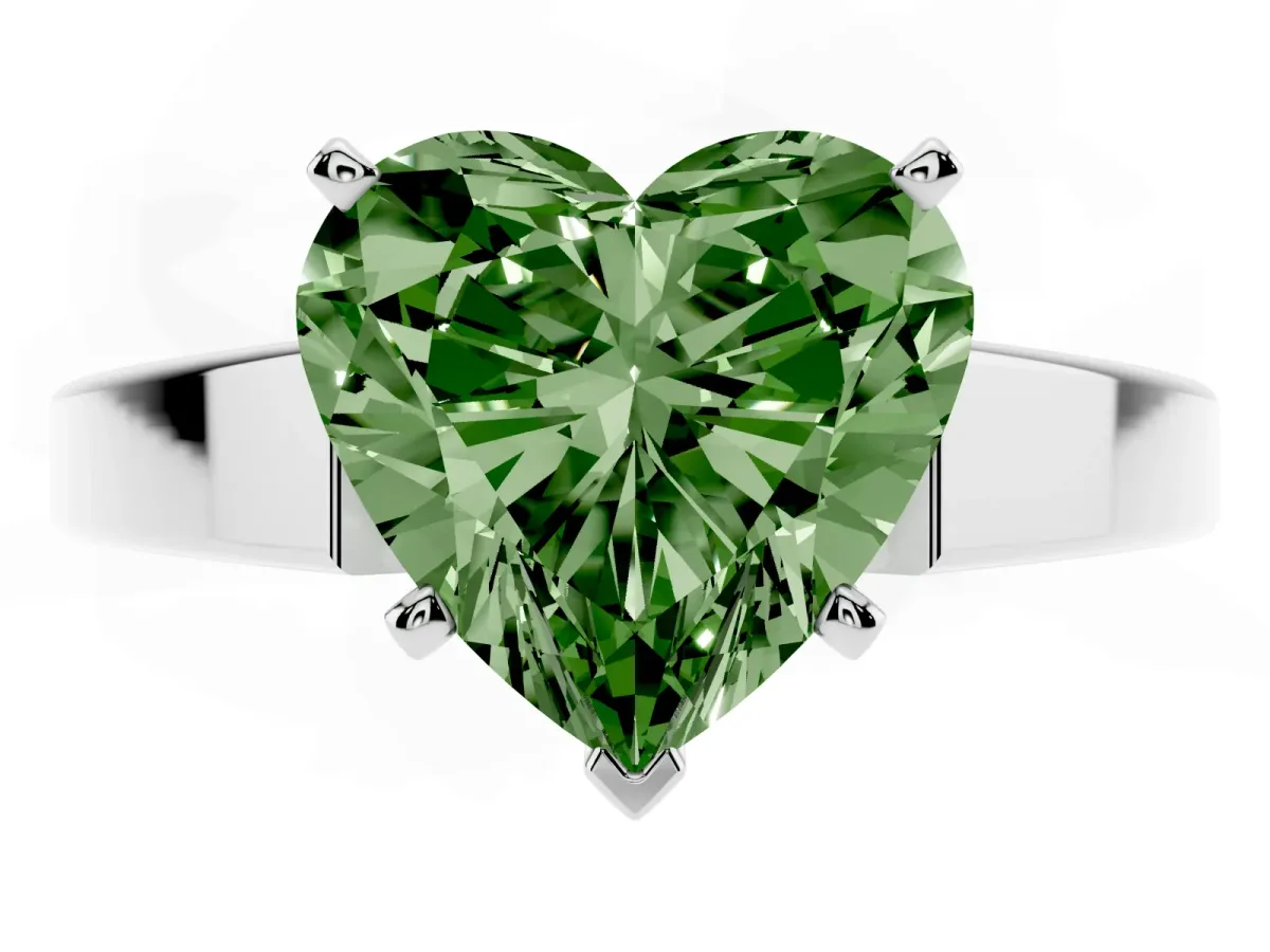 Fancy Green Heart Cut Solitaire Engagement Ring with Four-Prong Setting and Tapered Band Silver