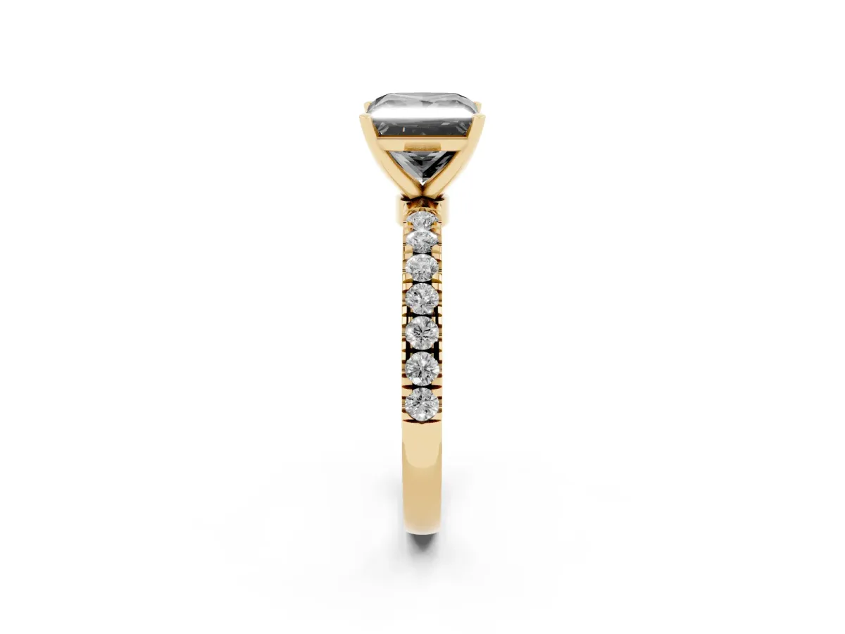 Fancy Black Princess Cut Diamond Solitaire Ring with Pavé Accents and Four-Prong Setting Yellow gold
