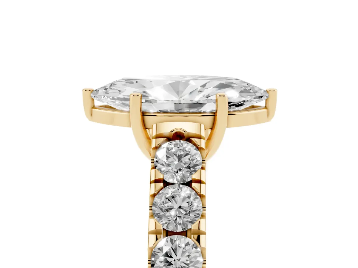 Marquise Cut Cut Diamond Solitaire Ring with Micro Pave Band and Prong Setting Yellow gold