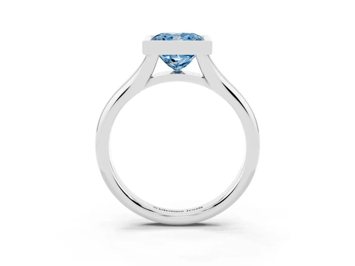 Fancy Blue Bezel Set Princess Cut Solitaire Diamond Ring with Smooth Band Silver