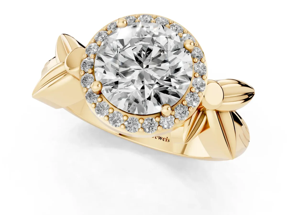 Round Cut Halo Diamond Floral Band with Four-Prong Setting Yellow gold