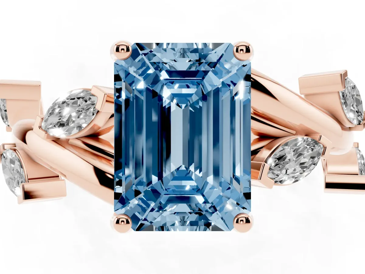 Fancy Blue Emerald Cut Solitaire Twisted Band Marquise Accent Prong Setting Ring Rose gold