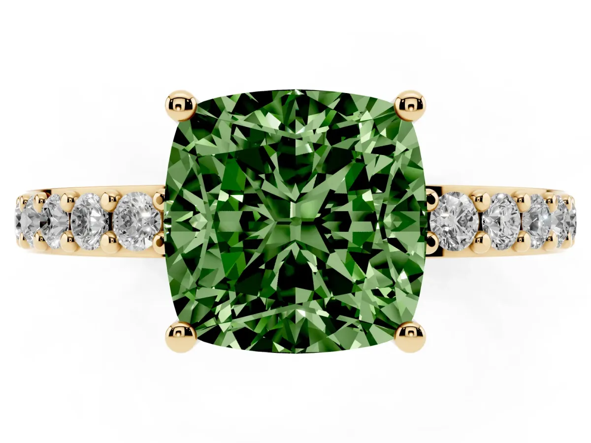 Fancy Green Cushion Cut Cut Diamond Solitaire with Pave Band and Four-Prong Setting Yellow gold