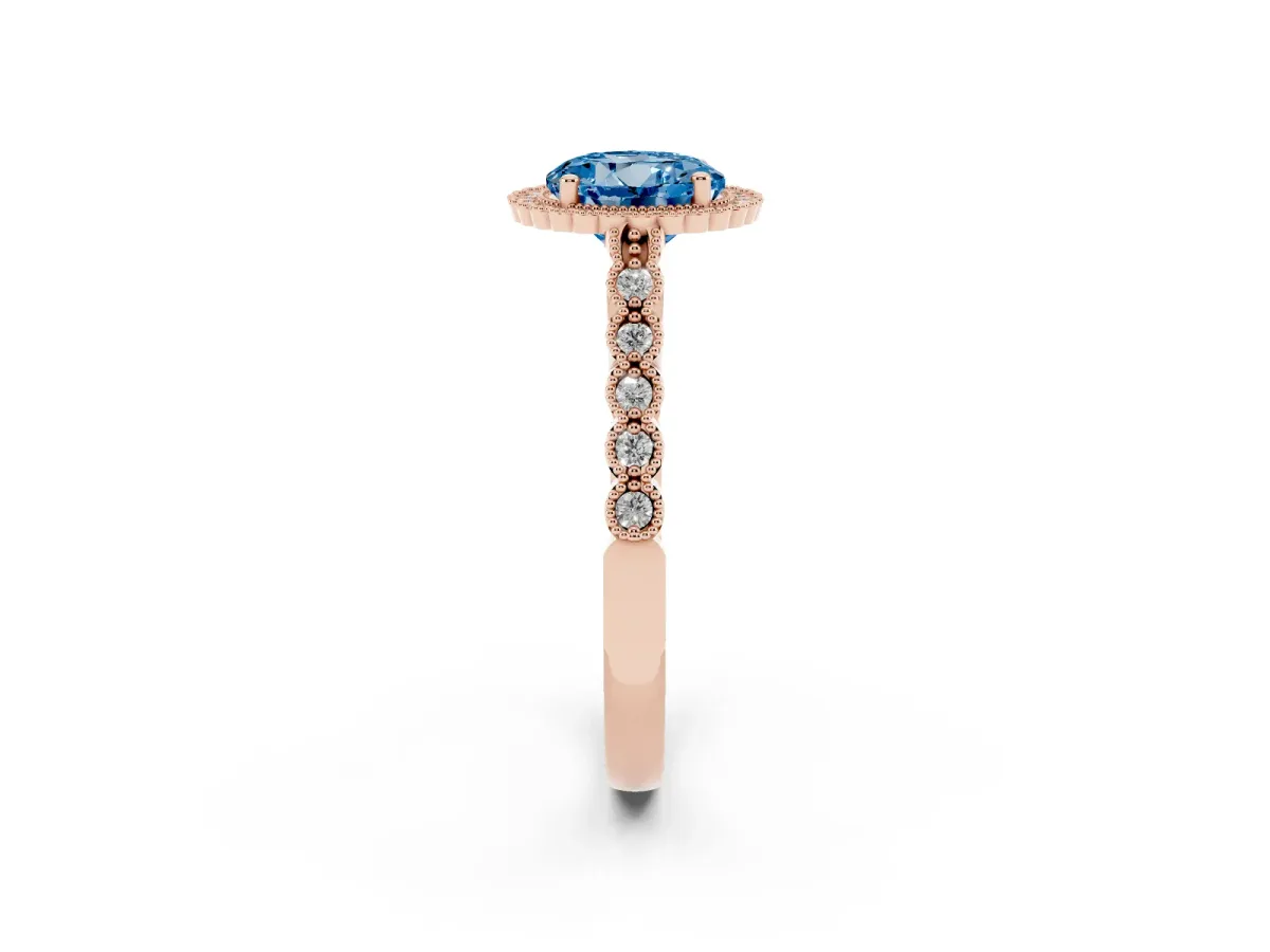 Fancy Blue Round Cut Cut Halo Pavé Solitaire Ring with Milgrain Band Rose gold
