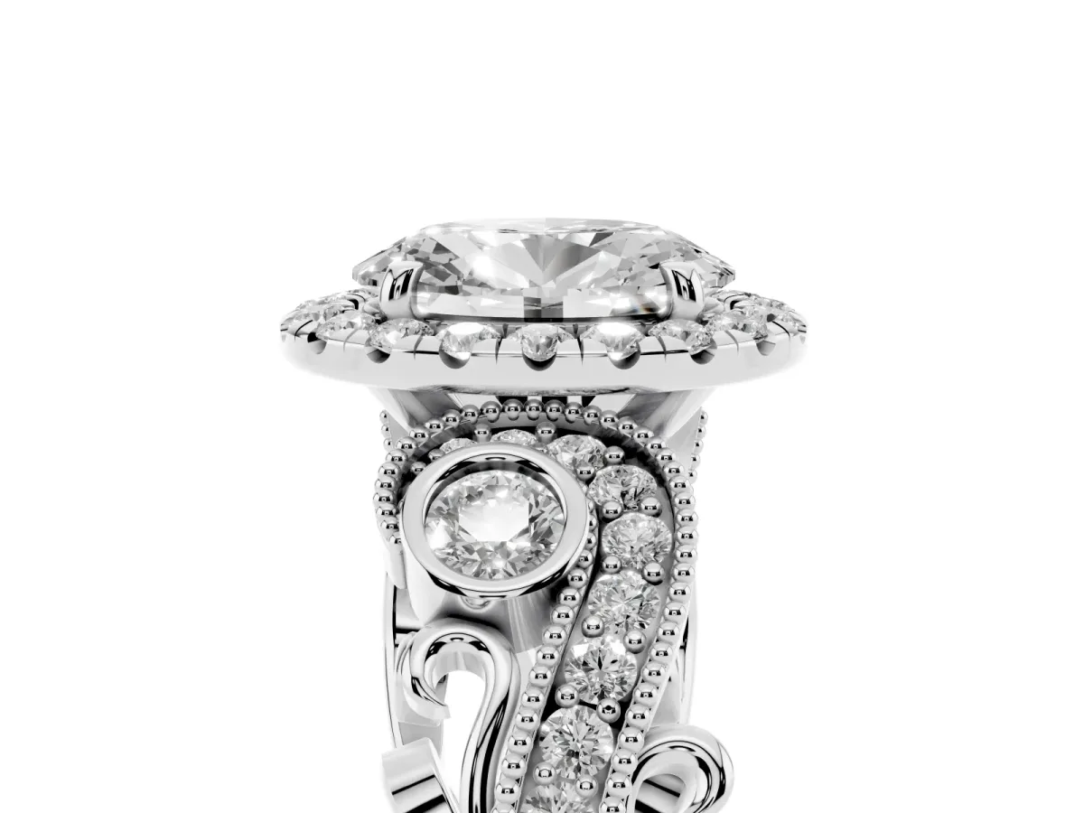 Oval Cut Diamond Halo Ring with Milgrain Pavé Band and Four-Prong Setting Silver