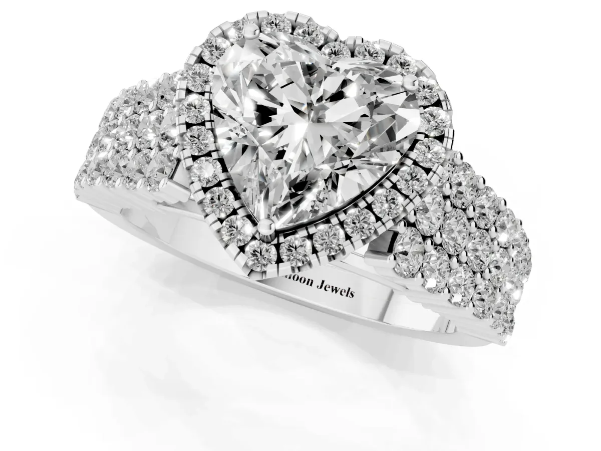 Heart Cut Diamond Halo Engagement Ring with Triple Row Round Pavé Band and Prong Setting Silver