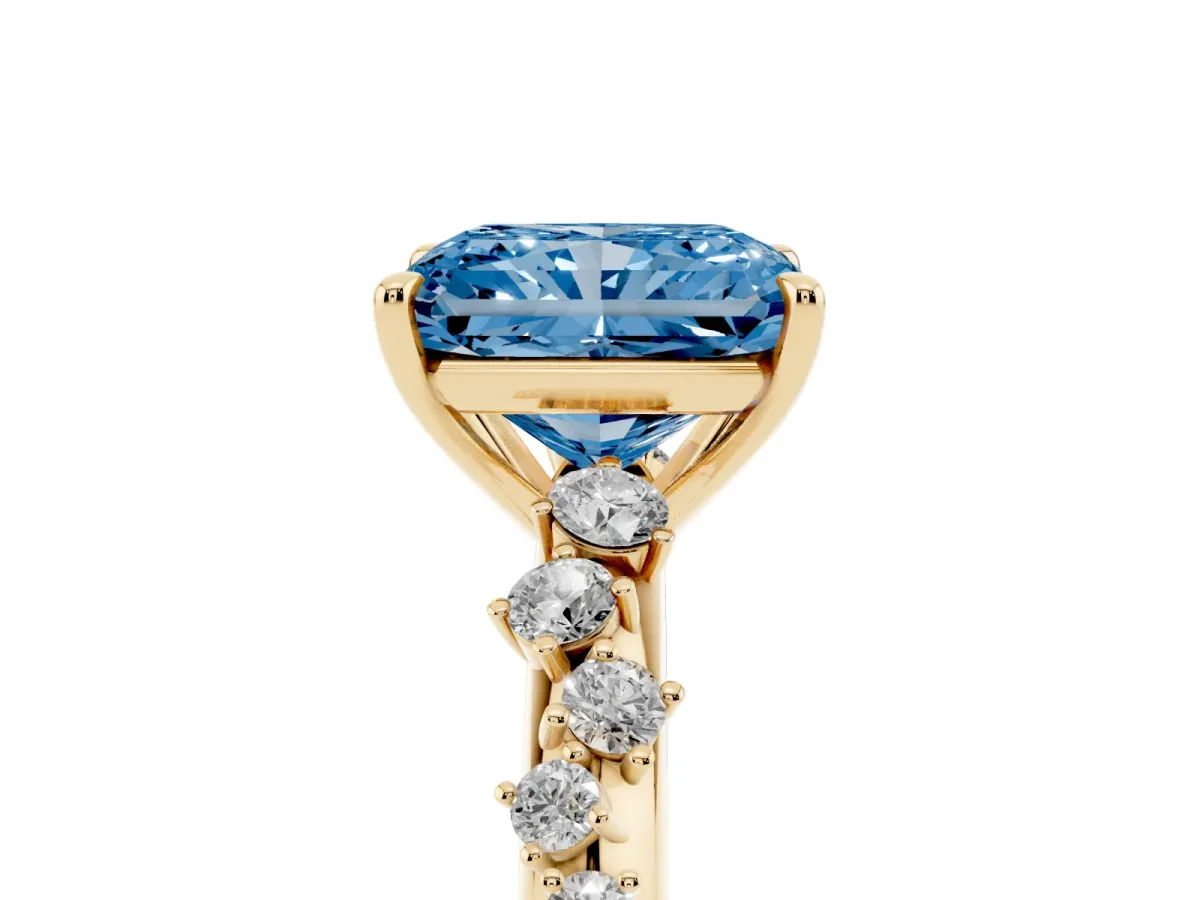 Fancy Blue Radiant Cut Diamond Cluster Side Stone Solitaire Ring with Prong Setting Yellow gold