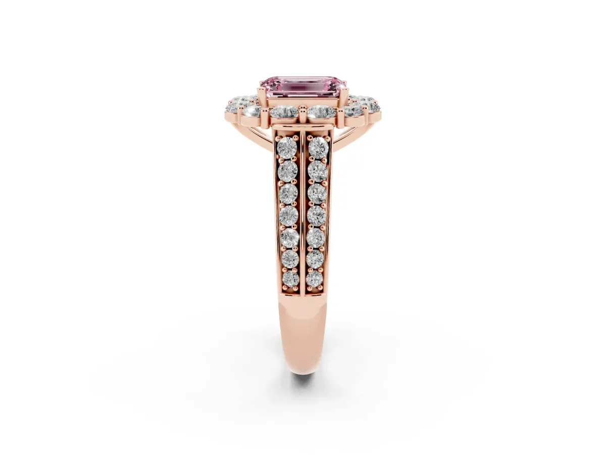Fancy Pink Emerald Cut Halo Diamond Engagement Ring with Split Shank and Prong Setting Rose gold