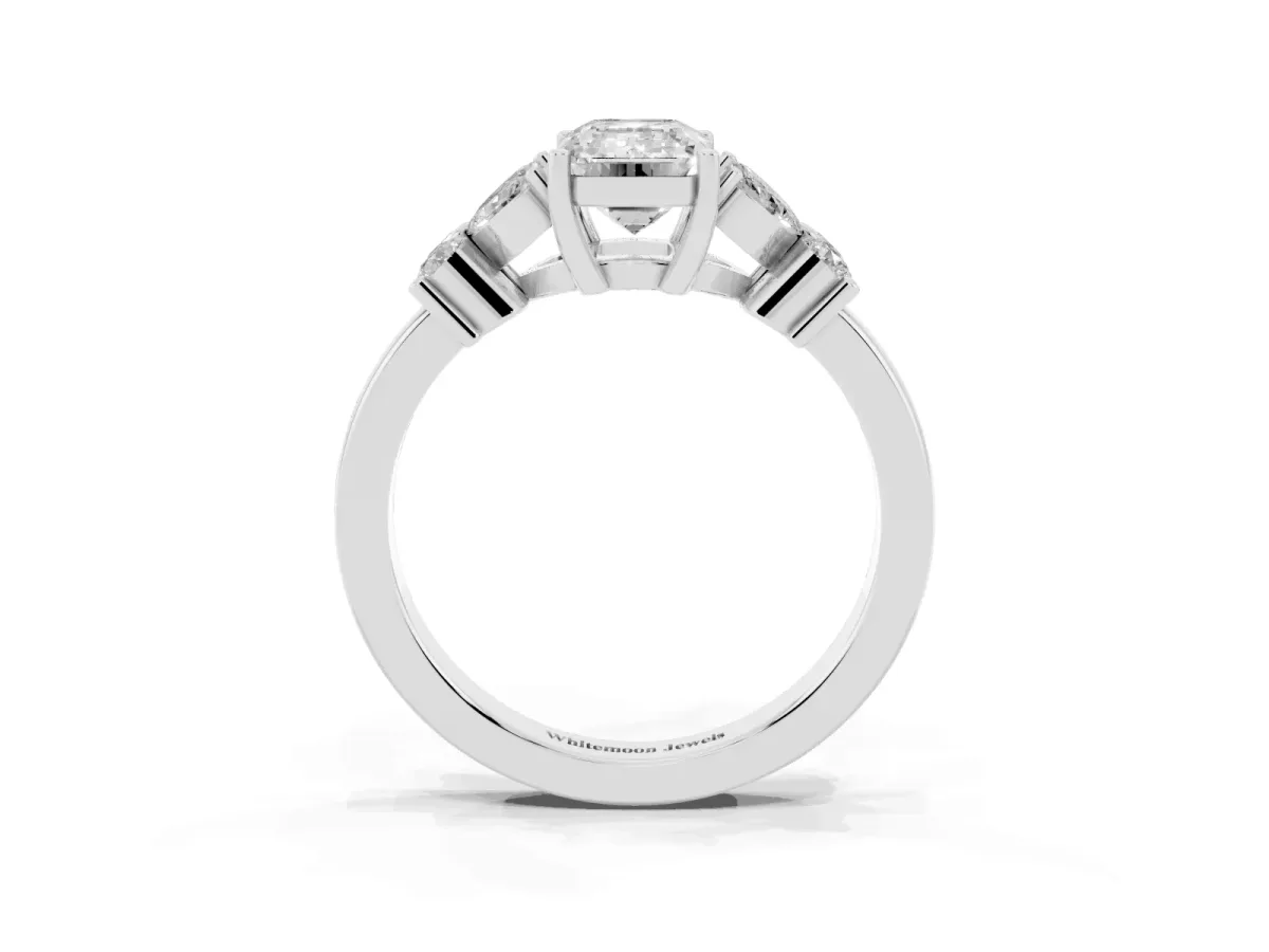 Emerald Cut Diamond Floral Cluster Ring with Solitaire Band and Prong Setting Silver