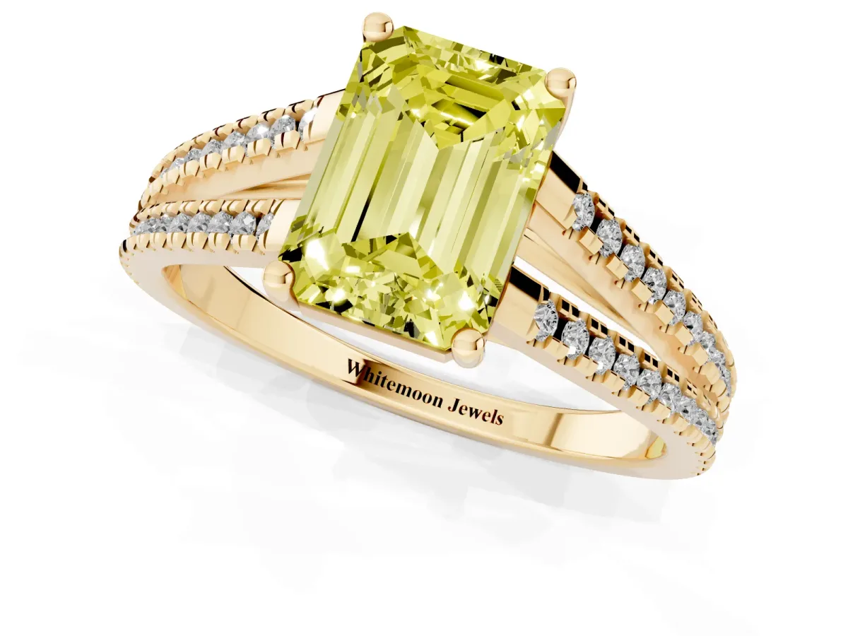 Fancy Yellow Emerald Cut Diamond Solitaire Engagement Ring with Split Shank Pavé Band Yellow gold