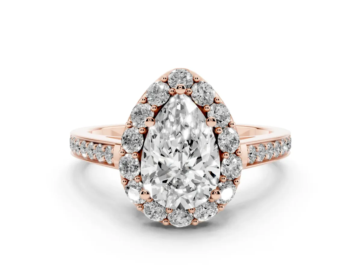 Pear Cut Diamond Floral Halo Ring with Pavé Band and Prong Setting Rose gold