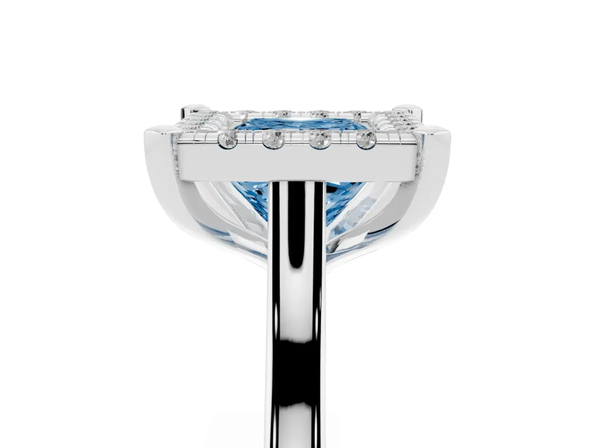 Fancy Blue Princess Cut Diamond Cluster Halo Solitaire with Four-Prong Setting Silver