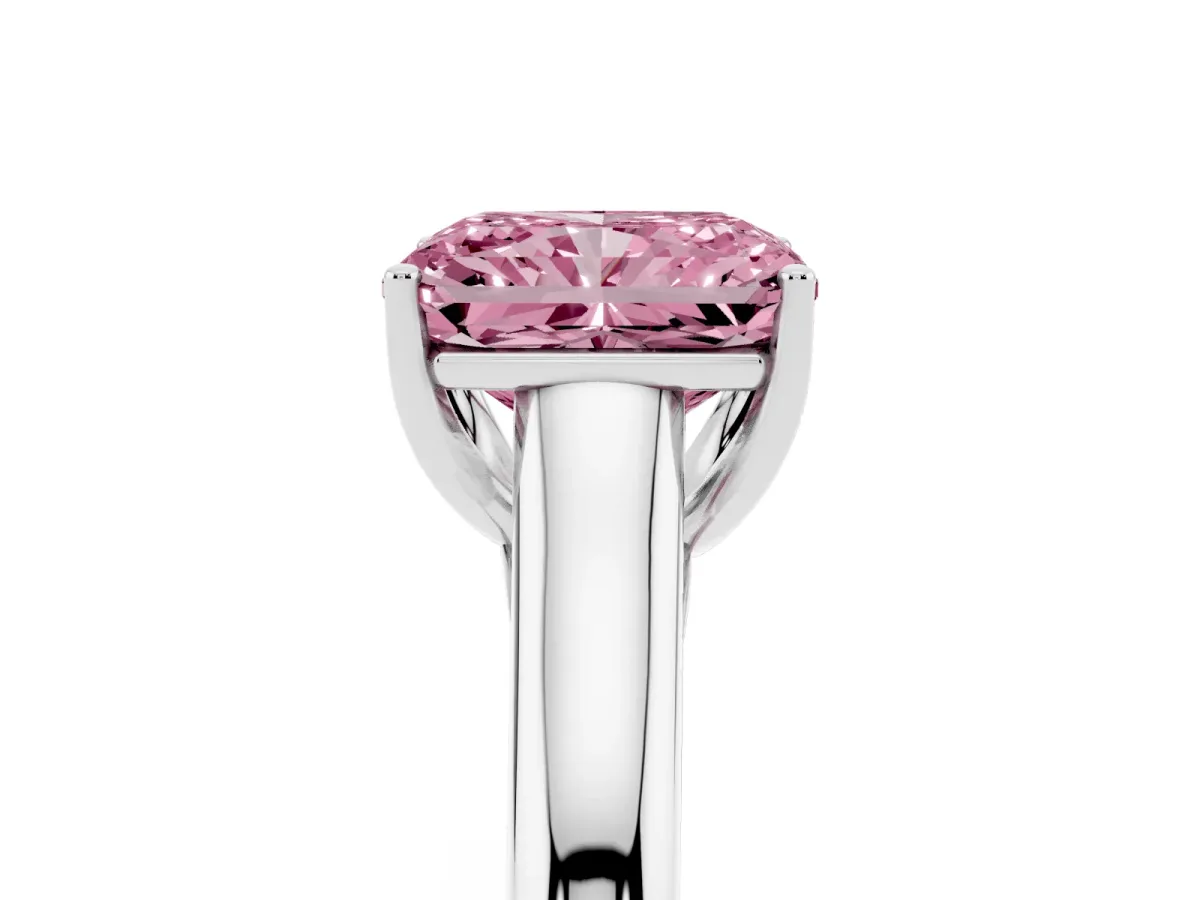 Fancy Pink Radiant Cut Solitaire Engagement Ring with Tapered Band and Four-Prong Setting Silver