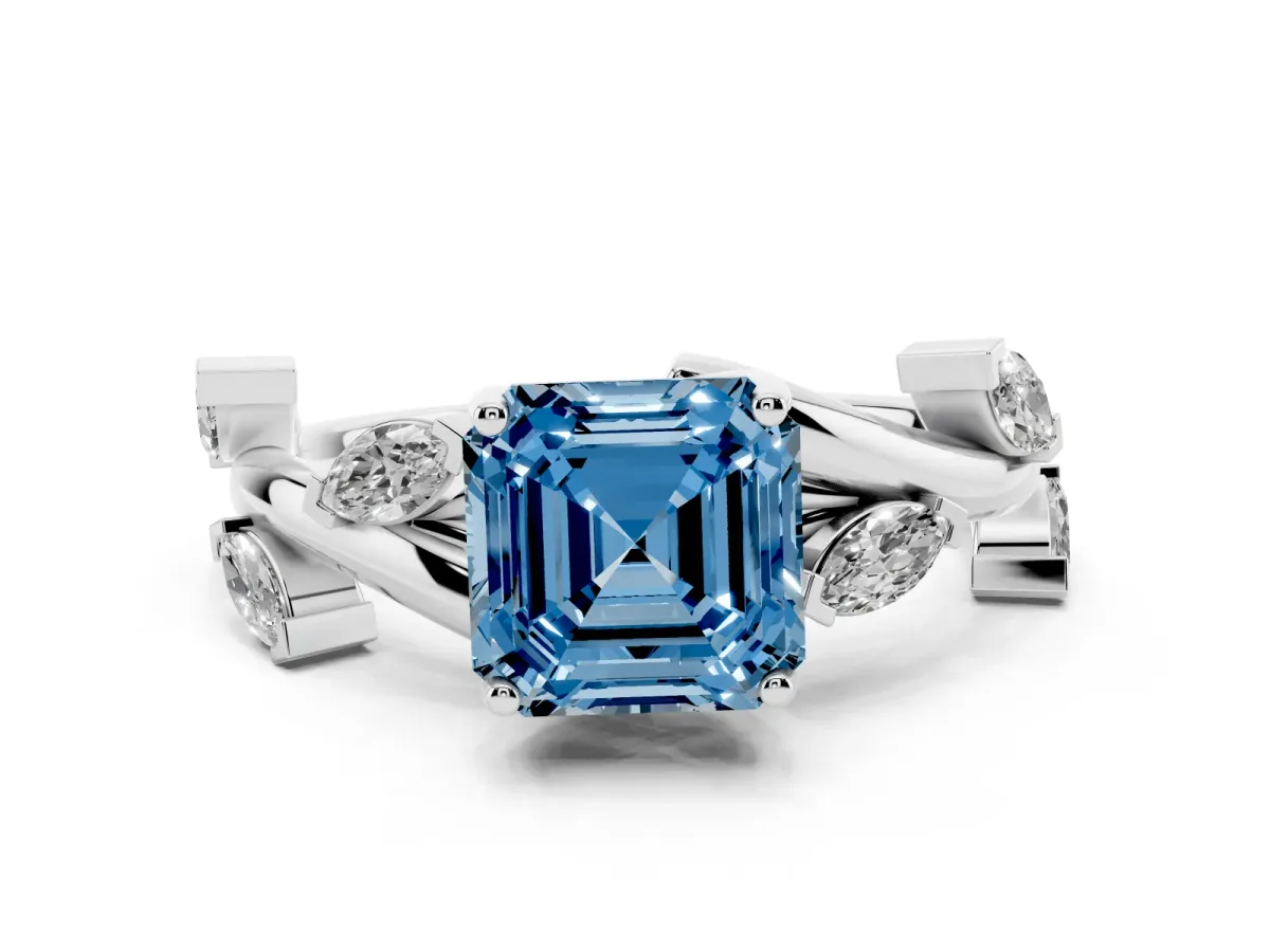 Fancy Blue Asscher Cut Solitaire Twisted Band Marquise Accent Prong Setting Ring Silver