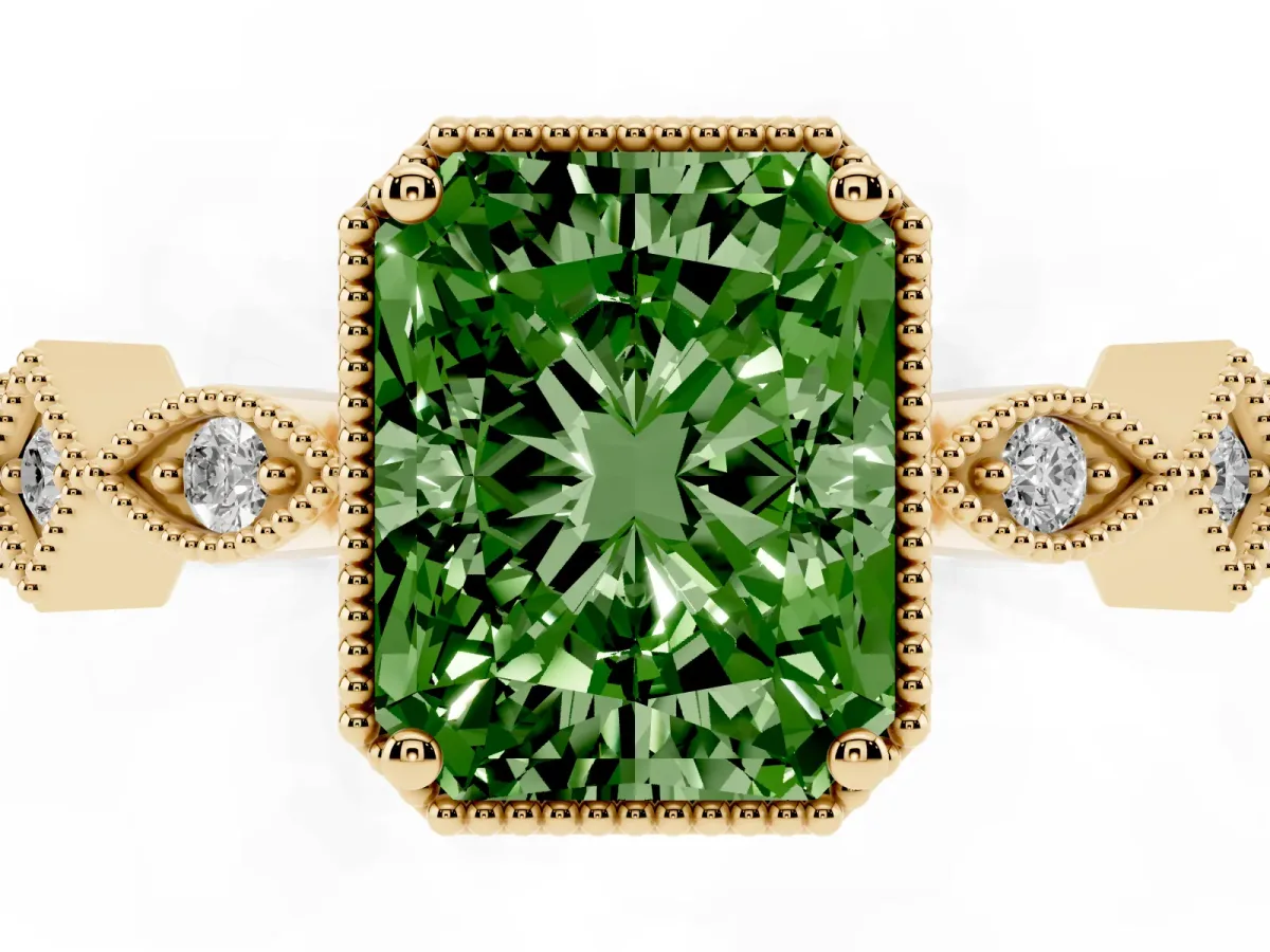 Fancy Green Radiant Cut Milgrain Marquise Diamond Twist Band Ring Yellow gold