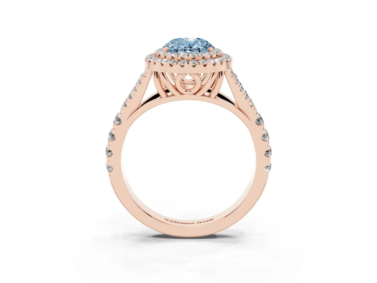 Fancy Blue Oval Cut Diamond Pavé Split Shank Double Halo Engagement Ring Rose gold