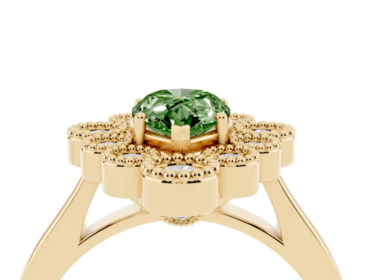 Fancy Green Pear Cut Halo Diamond Cluster Engagement Ring with Milgrain Bezel Setting and Solitaire Band Yellow gold