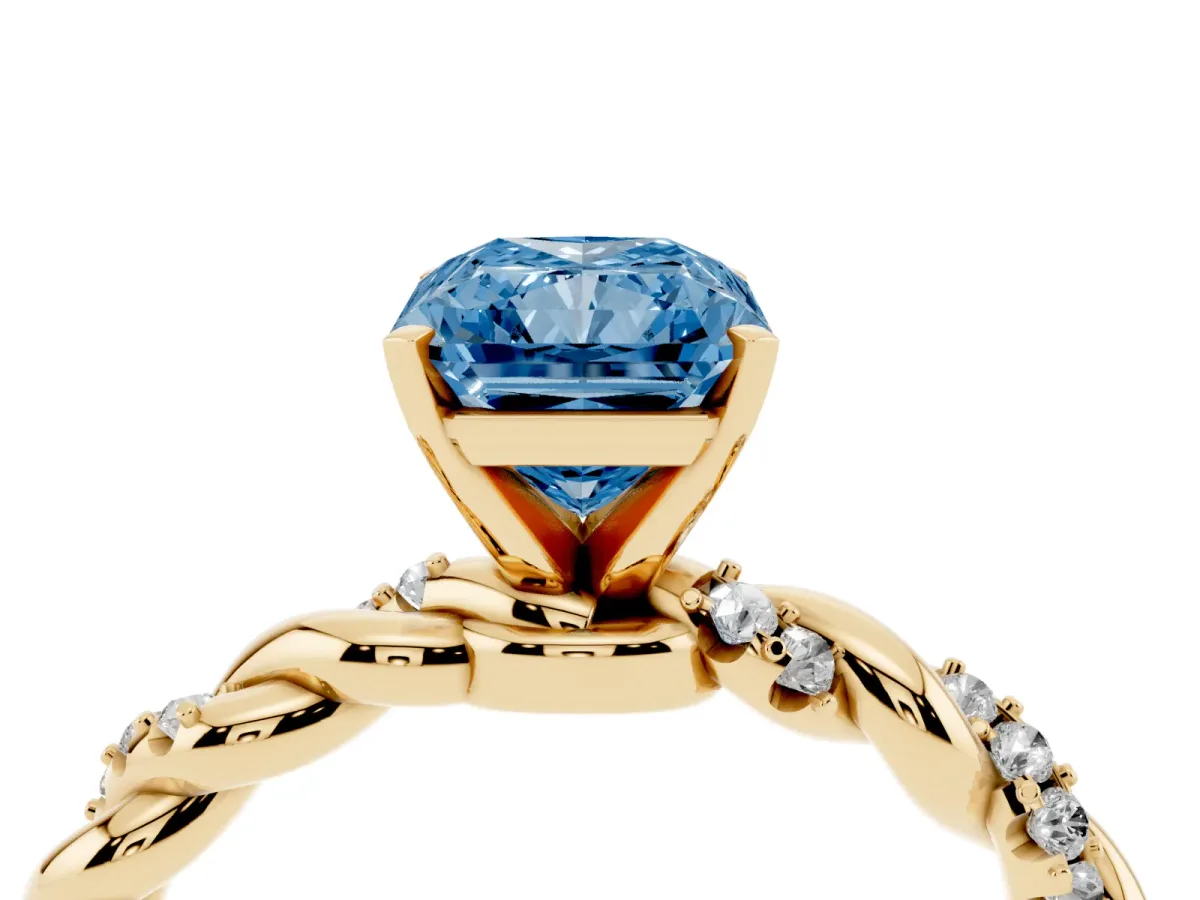 Fancy Blue Radiant Cut Diamond Solitaire Ring with Twisted Band and Pavé Accents Yellow gold