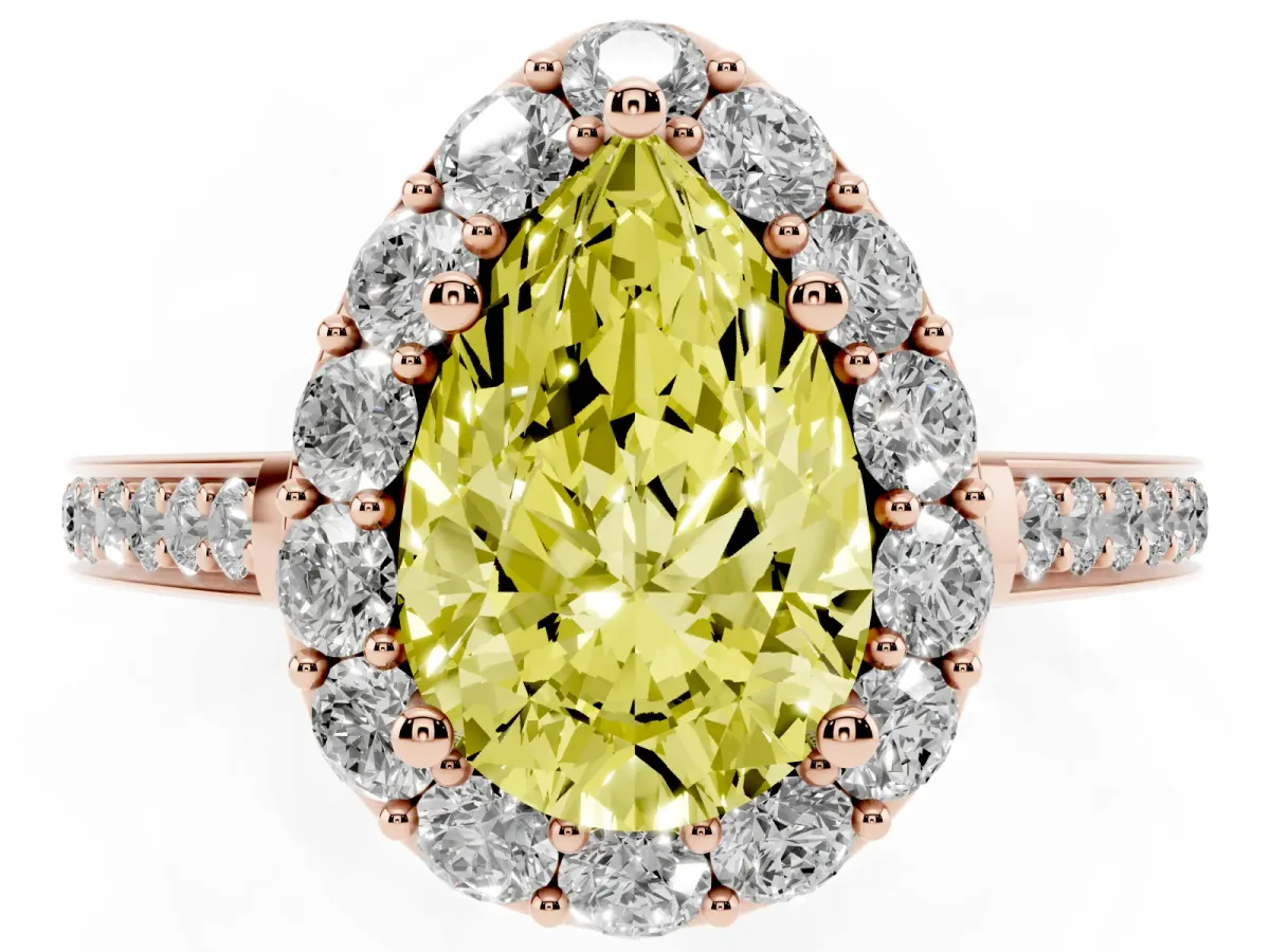 Fancy Yellow Pear Cut Diamond Floral Halo Ring with Pavé Band and Prong Setting Rose gold