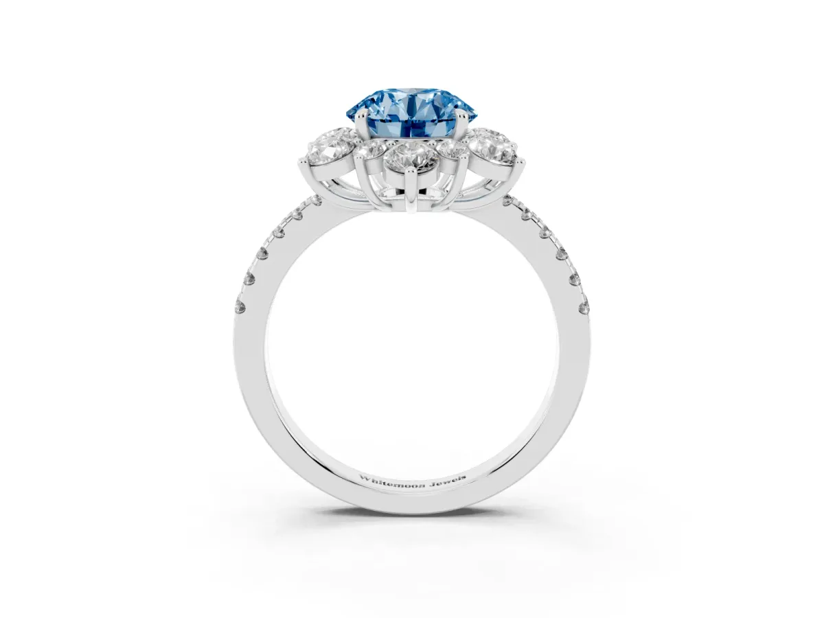 Fancy Blue Round Cut Diamond Floral Halo Ring with Round Pavé Band and Prong Setting Silver