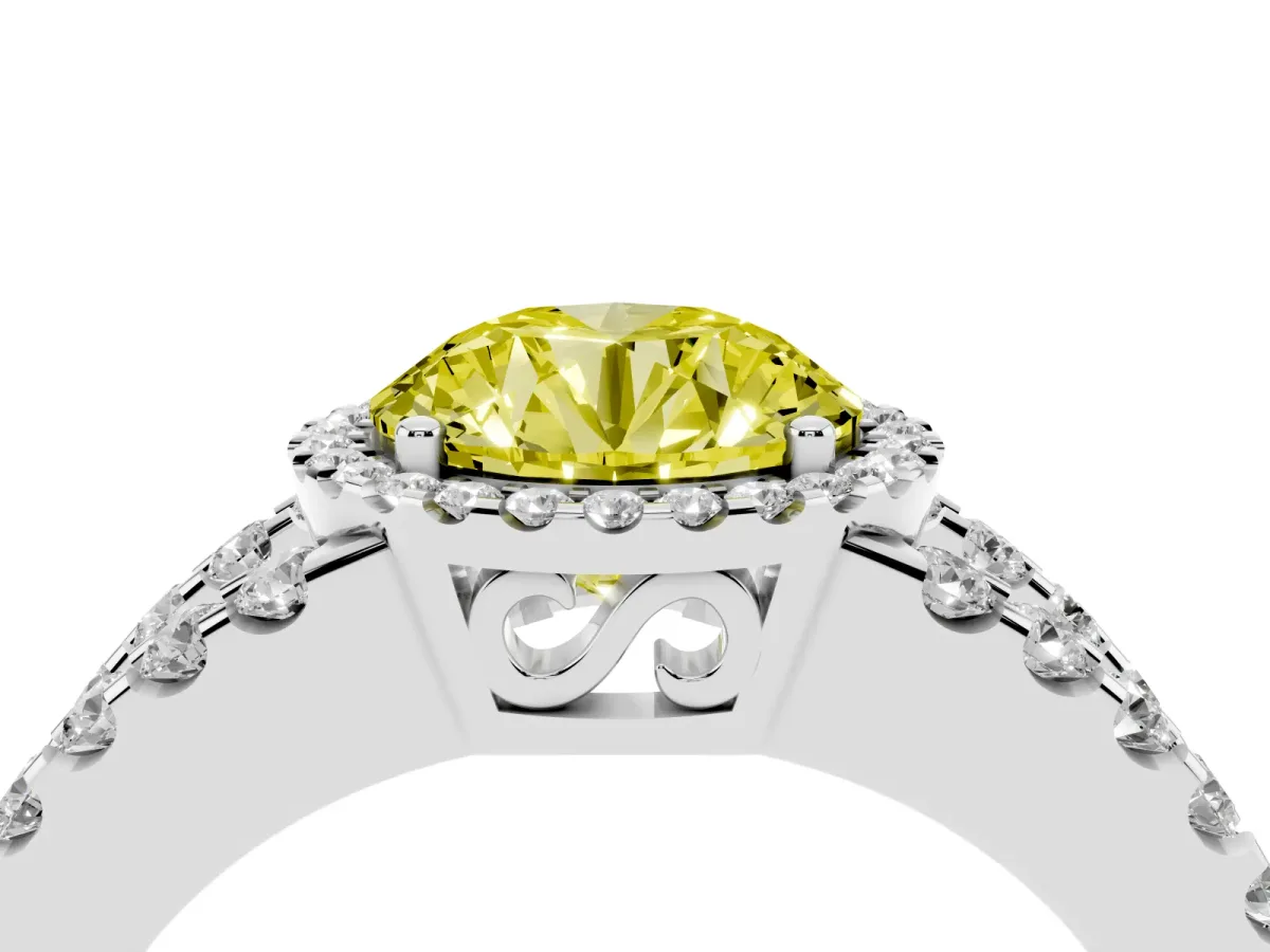 Fancy Yellow Round Cut Cut Halo Split Shank Diamond Ring with Four-Prong Setting Platinum