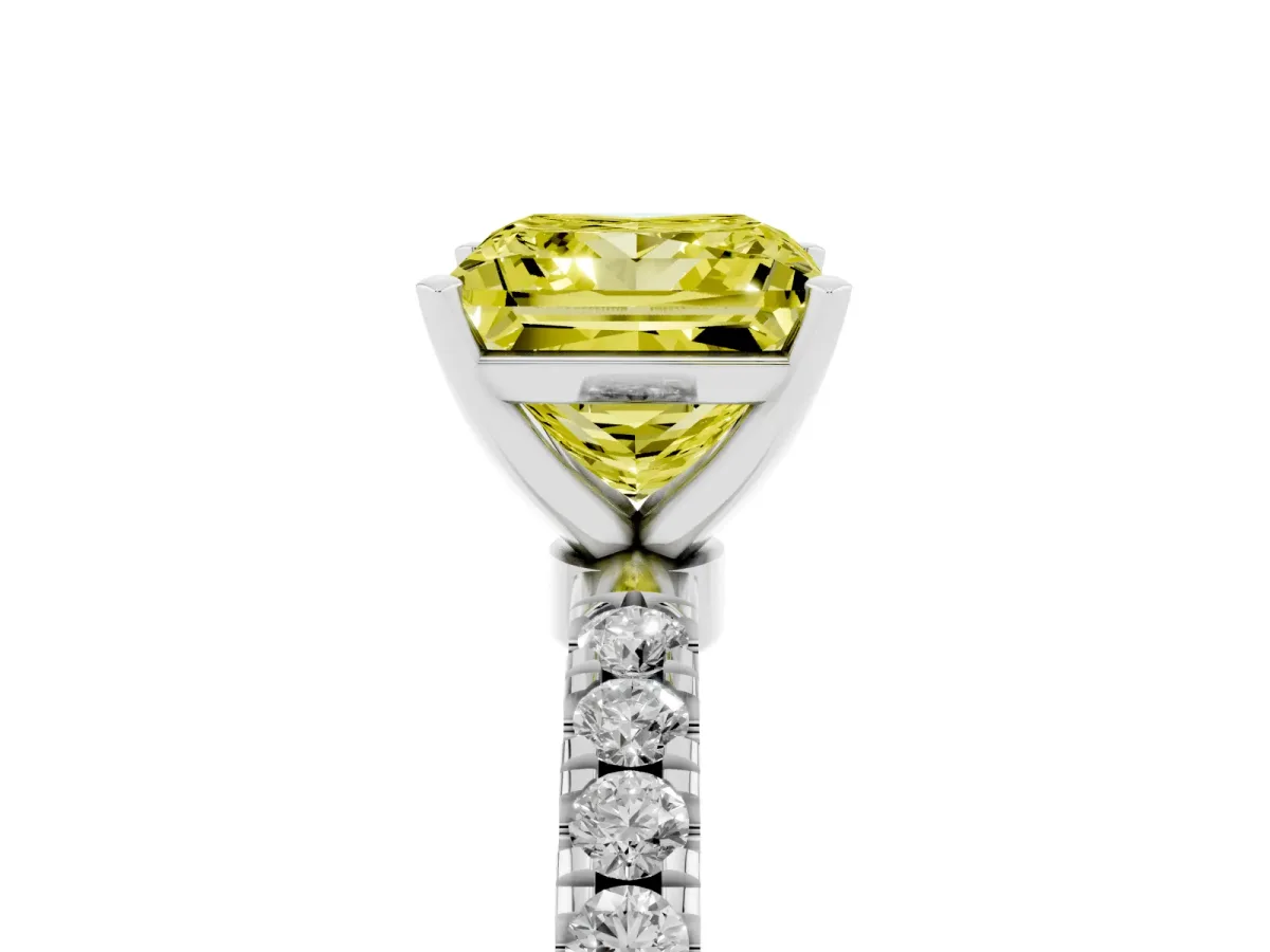 Fancy Yellow Princess Cut Diamond Solitaire Ring with Pavé Accents and Four-Prong Setting Platinum