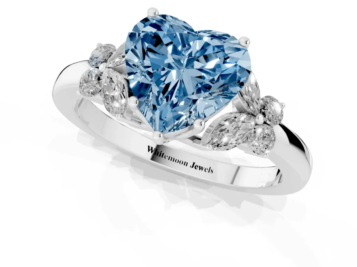 Fancy Blue Heart Cut Cut Solitaire Floral Diamond Ring with Four-Prong Setting Silver
